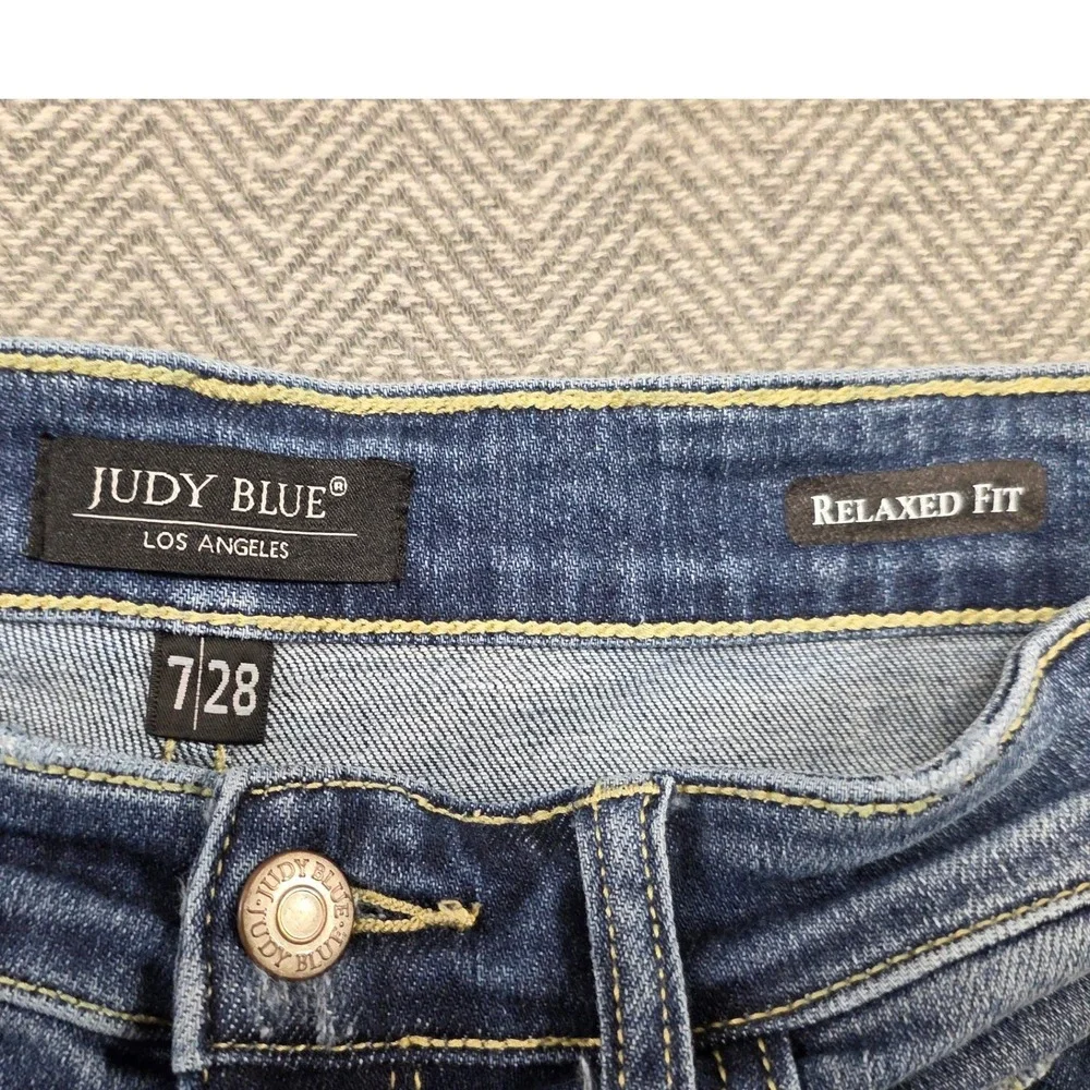 Judy Blue Distressed Ripped Relaxed Fit Jeans Women Size 7 28 Blue‎ Denim